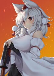 Rule 34 | 1girl, animal ear fluff, animal ears, bare shoulders, black skirt, breasts, closed mouth, highres, holding, holding sword, holding weapon, inubashiri momiji, katana, large breasts, onomiya, orange background, pom pom (clothes), red eyes, shirt, short hair, skirt, solo, sword, tail, touhou, upper body, weapon, white hair, white shirt, white sleeves, wolf ears, wolf girl, wolf tail