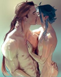 Rule 34 | 2boys, abs, biceps, bishounen, blue background, blue hair, blush, brown hair, closed eyes, completely nude, couple, ear piercing, french kiss, from side, genshin impact, gradient background, hand on another&#039;s ass, hand on another&#039;s neck, hand on another&#039;s shoulder, height difference, highres, isa (babeyxiao), kiss, long hair, male focus, male pubic hair, multiple boys, nipples, nude, painterly, pectorals, piercing, pointy ears, ponytail, pubic hair, red lips, short hair, simple background, skinny, straight hair, toned, toned male, xiao (genshin impact), yaoi, yellow background, zhongli (genshin impact)
