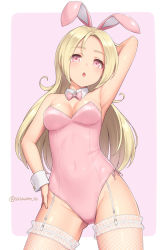 Rule 34 | 1girl, :o, animal ears, arm behind head, arm up, armpits, bare arms, bare shoulders, blonde hair, bow, bowtie, breasts, cleavage, covered navel, cowboy shot, detached collar, fake animal ears, fishnet thighhighs, fishnets, forehead, garter straps, groin, hand on own hip, highleg, highleg leotard, leotard, long hair, looking at viewer, medium breasts, no bra, open mouth, original, pink eyes, pink leotard, playboy bunny, rabbit ears, sasaame, solo, standing, strapless, strapless leotard, thighhighs, thighs, two-tone background, wrist cuffs