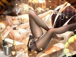Rule 34 | 1girl, absurdres, azur lane, bare shoulders, bikini, bikini top only, bikini under clothes, black hat, black pantyhose, black shorts, blurry, bottle, breasts, coin, covered mouth, crop top, cross, cross necklace, cuffs, depth of field, feet, floating hair, foot out of frame, foot up, gloves, gold coin, gun, handcuffs, handgun, hat, highres, holding, holding gun, holding handcuffs, holding weapon, ice, indoors, jewelry, kirov (azur lane), lamp, large breasts, leg up, legs, long hair, looking at viewer, necklace, pantyhose, peaked cap, phonograph, police hat, reclining, see-through, see-through legwear, short shorts, shorts, sideboob, sidelocks, sitting, solo, swimsuit, thighs, very long hair, weapon, white gloves, xiongshouji, yellow eyes, zipper, zipper pull tab