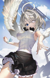 Rule 34 | 1girl, absurdres, angel, angel wings, bare arms, black skirt, blue eyes, blue ribbon, blue sky, breasts, cloud, commentary, cowboy shot, day, english commentary, feathered wings, feathers, foreshortening, frilled skirt, frills, from below, hair between eyes, halo, heterochromia, highres, looking at viewer, looking down, medium breasts, medium hair, original, outdoors, parted lips, ribbon, scottie (phantom2), shirt, skirt, sky, sleeveless, sleeveless shirt, solo, white eyes, white shirt, wings, wrist ribbon