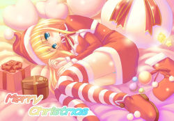 Rule 34 | 1girl, blonde hair, blue eyes, christmas, christmas stocking, gift, hat, lying, on side, onde, santa costume, santa hat, solo, striped clothes, striped thighhighs, thighhighs, uehiro
