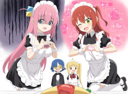 Rule 34 | 4girls, ;d, ahoge, alternate costume, apron, black bow, black dress, black footwear, black jacket, blonde hair, blue eyes, blue hair, blush, bocchi the rock!, bow, breasts, collared dress, collared shirt, commentary request, cube hair ornament, dress, dress shirt, enmaided, food, formal, frilled apron, frills, gloom (expression), gotoh hitori, green eyes, grey vest, hair ornament, hair over one eye, heart, heart hands, heijialan, highres, ijichi nijika, jacket, kita ikuyo, long hair, maid, maid apron, maid headdress, medium breasts, mole, mole under eye, multiple girls, omelet, omurice, one eye closed, one side up, open clothes, open jacket, open mouth, puffy short sleeves, puffy sleeves, red bow, red eyes, red hair, shaded face, shirt, shoes, short sleeves, side ponytail, smile, sparkle, standing, standing on one leg, suit, thighhighs, very long hair, vest, white shirt, white thighhighs, yamada ryo