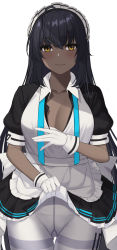 Rule 34 | 1girl, apron, black dress, black hair, blue archive, blush, breasts, cleavage, closed mouth, clothes lift, collarbone, cowboy shot, crossed bangs, dark-skinned female, dark skin, dress, dress lift, frilled apron, frills, gaitoou, gloves, highres, karin (blue archive), large breasts, lifted by self, long hair, looking at viewer, maid, maid headdress, pantyhose, short sleeves, simple background, solo, white apron, white background, white gloves, white headwear, white pantyhose, yellow eyes