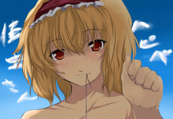 Rule 34 | 1girl, alice margatroid, bad id, bad pixiv id, beegle, birthday, blonde hair, blush, cloud, day, female focus, hairband, mouth hold, red eyes, short hair, solo, touhou, wet
