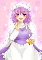 Rule 34 | 1girl, absurdres, apron, bad id, bad pixiv id, breasts, cape, female focus, fingernails, food, hat, heart, high collar, highres, ice cream, lapel pin, letty whiterock, light purple hair, long sleeves, looking at viewer, mochinya21, open mouth, pin, pink background, purple eyes, short hair, skirt, skirt set, snowflakes, solo, spoon, touhou, waist apron