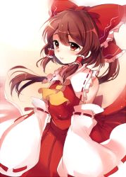Rule 34 | 1girl, ascot, blush, bow, brown eyes, brown hair, closed mouth, collared shirt, cowboy shot, detached sleeves, frilled bow, frilled hair tubes, frilled shirt collar, frilled skirt, frills, hair between eyes, hair bow, hair tubes, hakurei reimu, light smile, medium hair, paragasu (parags112), red bow, red shirt, red skirt, ribbon-trimmed sleeves, ribbon trim, shirt, sidelocks, skirt, skirt set, sleeveless, sleeveless shirt, solo, touhou, white sleeves, wide sleeves, yellow ascot