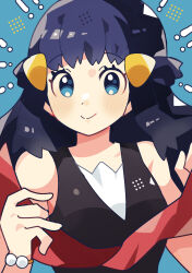 1girl anidler91 black_shirt blue_background blue_eyes blue_hair bracelet closed_mouth creatures_(company) dark_blue_hair dawn_(pokemon) game_freak hair_ornament half_updo highres jewelry long_hair looking_at_viewer nintendo no_sclera pokemon pokemon_dppt red_scarf scarf shirt smile solo split_mouth unworn_scarf upper_body