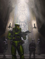 Rule 34 | 4boys, absurdres, armor, assault visor, black gloves, black helmet, commentary, english commentary, gloves, green helmet, gun, halo: combat evolved, halo (series), halo 2, helmet, highres, holding, holding gun, holding weapon, indoors, looking at viewer, looking to the side, looking up, male focus, master chief, multiple boys, odst, power armor, rythayze, shotgun, spartan (halo), sunlight, weapon