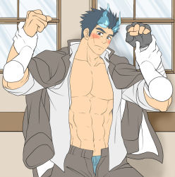 Rule 34 | 1boy, abs, alternate pectoral size, bara, blue eyes, blue fire, blue hair, blue male underwear, blush, cowboy shot, disembodied hand, facial scar, fiery hair, fiery horns, fire, flat color, forked eyebrows, gloves, horns, jacket, jacket on shoulders, large pectorals, looking at viewer, male focus, male underwear, male underwear peek, muscular, muscular male, navel, nipples, open clothes, open fly, open shirt, pectoral cleavage, pectorals, sakimori toji, scar, scar on cheek, scar on face, short hair, sideburns, single glove, solo focus, stomach, sunfight0201, thick eyebrows, tokyo houkago summoners, underwear