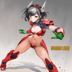 Rule 34 | 1girl, breasts, cleavage, closed mouth, collarbone, commentary request, copyright name, crotch plate, gloves, gluteal fold, gradient background, green gloves, grey hair, groin, guardic gaiden, highres, legs apart, medium breasts, minamoto80486, navel, red eyes, ringed eyes, shadow, short hair, smile, solo, split mouth, standing, system d.p.