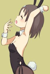 Rule 34 | 1girl, animal ears, arm up, armpits, bare shoulders, black bow, black bowtie, black hair, black leotard, blush, bow, bowtie, breasts, brown pantyhose, clenched hand, collar, commentary, detached collar, fake animal ears, fake tail, from side, green background, hair ornament, hand up, idolmaster, idolmaster cinderella girls, idolmaster cinderella girls starlight stage, leotard, nail polish, open hand, open mouth, pantyhose, pink nails, playboy bunny, profile, rabbit ears, rabbit tail, sasaki chie, short hair, simple background, small breasts, solo, strapless, strapless leotard, tail, teardrop, upper body, white collar, white wrist cuffs, wrist cuffs, yama tatsuo, yawning