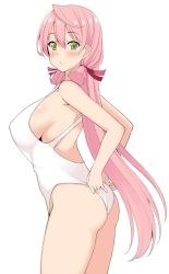 Rule 34 | 1girl, adjusting clothes, adjusting swimsuit, akashi (kancolle), ass, breasts, casual one-piece swimsuit, cowboy shot, green eyes, hair ribbon, kantai collection, kusano (torisukerabasu), long hair, looking at viewer, one-piece swimsuit, pink hair, ribbon, sideboob, simple background, solo, standing, swimsuit, tress ribbon, very long hair, white background, white one-piece swimsuit