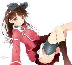 Rule 34 | 10s, 1girl, alternate hairstyle, arm support, artist name, blush, brown eyes, brown hair, brown socks, closed mouth, collared shirt, hair down, highres, jacket, jewelry, kantai collection, knee up, kneehighs, leaning back, leg up, long hair, long sleeves, looking at viewer, magatama, necklace, pendant, pleated skirt, red jacket, red skirt, ryuujou (kancolle), shirt, signature, sitting, skirt, sleeve cuffs, smile, socks, solo, tareme, tebi (tbd11), thigh strap, upskirt, visor cap, white shirt
