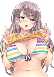 Rule 34 | 1girl, bangle, bikini, bracelet, breasts, clothes lift, commentary request, earrings, gold, grey hair, heart, heart earrings, heart necklace, jewelry, large breasts, lifting own clothes, long hair, looking at viewer, mizuhara yuu, navel, necklace, open mouth, original, scrunchie, shirt, shirt lift, sidelocks, simple background, skindentation, solo, stomach, striped bikini, striped clothes, swimsuit, teeth, upper teeth only, white background, wrist scrunchie, yellow eyes, yellow shirt