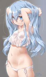 Rule 34 | 1girl, armpits, arms up, bare arms, bare shoulders, blue eyes, blue hair, blush, breasts, camisole, cowboy shot, crop top, dd (ijigendd), hand in own hair, hibiki (kancolle), highres, kantai collection, long hair, looking at viewer, navel, panties, see-through, side-tie panties, simple background, skindentation, small breasts, solo, underwear, underwear only, white panties