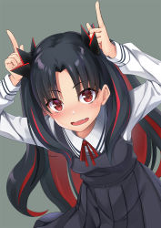 Rule 34 | 1girl, :d, arms up, black dress, blush, breasts, collared shirt, commentary request, cowboy shot, dress, fang, fate/grand order, fate (series), green background, hair ornament, index finger raised, ishtar (fate), long hair, long sleeves, looking at viewer, multicolored hair, neck ribbon, open mouth, parted bangs, pinafore dress, red eyes, red hair, red ribbon, ribbon, shirt, simple background, sleeveless dress, small breasts, smile, solo, space ishtar (fate), two-tone hair, two side up, very long hair, wapokichi, white shirt