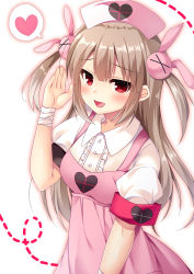 Rule 34 | 1girl, apron, bandages, blush, brown hair, commentary request, fujikura ryuune, hat, heart, long hair, looking at viewer, natori sana, nurse cap, pink apron, puffy short sleeves, puffy sleeves, red eyes, sana channel, shirt, short sleeves, simple background, solo, spoken heart, thighhighs, two side up, virtual youtuber, white background, white shirt