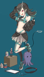 Rule 34 | 1girl, nanashi inc., absurdres, belt, belt bra, black footwear, black gloves, black hair, black skirt, black thighhighs, blue belt, blue hair, blue socks, blush, can, chest belt, clothing cutout, commentary request, cropped jacket, cross-laced clothes, cross-laced sleeves, demon girl, demon horns, demon tail, drawing tablet, figure, flat chest, full body, garter straps, gloves, grey skirt, highres, honey strap, horns, jacket, layered skirt, long hair, long sleeves, looking at viewer, multicolored hair, navel, octopus, off shoulder, open clothes, open jacket, open mouth, partially fingerless gloves, red eyes, ring-con, rose22, shishio chris, shoes, shoulder cutout, simple background, single thighhigh, skirt, smile, sneakers, socks, solo, standing, standing on one leg, stylus, sugar lyric, suou patra, tail, thighhighs, two-tone hair, virtual youtuber, zipper skirt