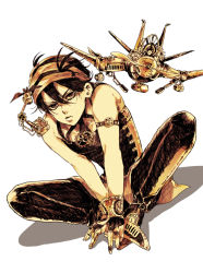 Rule 34 | 1boy, aerosmith (stand), aircraft, airplane, armband, aruti, bare shoulders, closed mouth, frown, full body, gears, hairband, highres, jojo no kimyou na bouken, looking at viewer, male focus, monochrome, narancia ghirga, sepia, shadow, shoes, short hair, simple background, sitting, solo, stand (jojo), steampunk, white background
