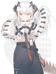 Rule 34 | 1girl, arknights, belt, black belt, black skirt, commentary, cowboy shot, geta (epicure no12), hair between eyes, highres, horns, long hair, long sleeves, looking to the side, orange eyes, saria (arknights), shirt, silver hair, skirt, solo, standing, tail, white background, white shirt