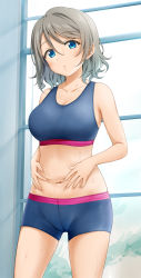 Rule 34 | 1girl, bike shorts, blue eyes, blue shorts, blush, breasts, brown hair, collarbone, hair between eyes, highres, large breasts, looking at viewer, love live!, love live! sunshine!!, midriff, miel (lessontome), navel, short hair, shorts, solo, sports bra, standing, stomach, sweat, watanabe you