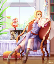 Rule 34 | 1girl, absurdres, alice margatroid, arm rest, blonde hair, blue dress, blue eyes, bookshelf, boots, capelet, chair, cup, curtains, dated, diandianzai, dress, expressionless, flower, full body, highres, indoors, kirisame marisa, layered dress, looking at viewer, ottoman, photo (object), picture frame, reflection, rose, shanghai doll, short hair, signature, sitting, snow globe, solo, table, teacup, touhou, window, wooden floor