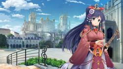 Rule 34 | 1girl, blue eyes, blue hair, blue sky, breasts, building, castle, city, cloud, cloudy sky, day, dmm, fighting stance, fountain, frown, gate, girls symphony, hair ornament, highres, holding, holding sheath, holding sword, holding weapon, japanese clothes, katana, kimono, large breasts, long hair, looking at viewer, outdoors, palace, ponytail, railing, ready to draw, sheath, sheathed, sky, skyline, solo, stairs, standing, sword, tree, wallpaper, weapon