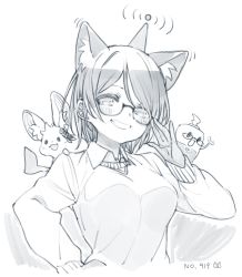 Rule 34 | 1girl, animal, animal ear fluff, animal ears, breasts, glasses, greyscale, highres, hololive, looking at viewer, looking down, medium breasts, monochrome, nosir onadat, open mouth, radio antenna, roboco-san, roboco-san (spring sweater), robosaa (roboco), short hair, smile, solo focus, virtual youtuber, wifi symbol