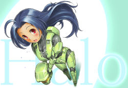 Rule 34 | 1girl, ahoge, armor, blue hair, blush, breasts, cosplay, crossover, halo, halo (game), halo (series), idolmaster, idolmaster (classic), idolmaster 1, kelly 087, long hair, master chief, master chief (cosplay), miura azusa, parody, power armor, power suit, red eyes, seki suzume, solo, spartan (halo), wallpaper