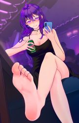 Rule 34 | 1girl, barefoot, beer can, blush, breasts, can, cellphone, cleavage, crossed legs, dress, drink can, feet, female focus, foot focus, from below, highres, large breasts, long hair, looking at viewer, miyaura sanshio, parted lips, phone, purple eyes, purple hair, sitting, smartphone, smile, soles, solo, toes