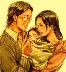 Rule 34 | 1girl, 2boys, baby, baby carry, black hair, blanket, carla yeager, carrying, eren yeager, facial hair, family, father and son, glasses, grisha yeager, hand on shoulder, holding, kubo cure, long hair, looking at another, low-tied long hair, mother and son, multiple boys, shingeki no kyojin, shirt, short hair, smile, sweater, yellow eyes, aged down