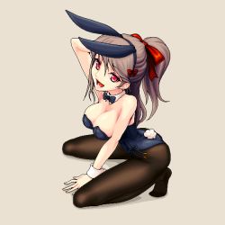Rule 34 | 1girl, animal ears, bow, bowtie, breasts, brown hair, cleavage, detached collar, fake animal ears, kneeling, large breasts, long hair, original, pantyhose, playboy bunny, ponytail, rabbit ears, rabbit tail, red eyes, solo, tail, wrist cuffs, yuuki (silent moon)
