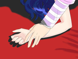 Rule 34 | 2girls, aida mana, bed, blue hair, couple, dokidoki! precure, head out of frame, hishikawa rikka, holding another&#039;s wrist, long hair, multiple girls, on bed, precure, red theme, salnar, shadow, yuri