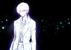 Rule 34 | 1boy, arms at sides, belt, black background, coat, collarbone, collared shirt, commentary request, danganronpa (series), danganronpa 3 (anime), injury, light, male focus, munakata kyousuke, necktie, one eye closed, open clothes, open coat, pants, print necktie, print neckwear, shirt, short hair, solo, white coat, white hair, white pants, white shirt, youko-shima