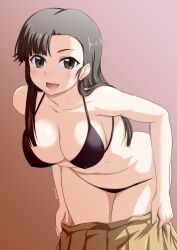 Rule 34 | 1girl, bikini, bikini under clothes, black bikini, breasts, brown background, brown eyes, brown hair, girls und panzer, gradient background, highres, leaning forward, long hair, looking at viewer, nishi kinuyo, open mouth, partially undressed, pleated skirt, signature, skirt, solo, swimsuit, undressing, yellow skirt, yts takana, yts takana