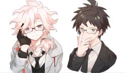 Rule 34 | 2boys, ahoge, alternate costume, bespectacled, black neckwear, blouse, collared shirt, commentary request, cropped torso, earrings, glasses, grey jacket, hand up, hinata hajime, jacket, jewelry, komaeda nagito, looking at viewer, male focus, medium hair, messy hair, midou (grk12138), multiple boys, necktie, shirt, short hair, simple background, v, white background, white shirt