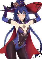 Rule 34 | 1girl, armpits, arms up, black choker, black gloves, black pantyhose, blue eyes, blue hair, blue hat, blue leotard, braid, breasts, cape, choker, contrapposto, cosplay, covered navel, cowboy shot, detached sleeves, earrings, elbow gloves, genshin impact, gloves, gluteal fold, gold trim, groin, hands on headwear, hat, highleg, highleg leotard, highres, jewelry, leotard, long hair, long sleeves, looking at viewer, mona (genshin impact), mona (genshin impact) (cosplay), mushoku tensei, pantyhose, roxy migurdia, simple background, small breasts, solo, standing, strapless, strapless leotard, sweatdrop, thighs, twin braids, twintails, very long hair, white background, witch hat, xter