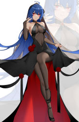 Rule 34 | 1girl, \||/, absurdres, ahoge, azur lane, bare shoulders, black dress, black footwear, black pantyhose, blue hair, breasts, bridal gauntlets, chinese commentary, cleavage, closed mouth, covered navel, dot nose, dress, flower, full body, hair between eyes, hair ornament, helena (azur lane), high heels, highres, hood, hood up, large breasts, lifting own clothes, long dress, long hair, open mouth, pantyhose, red eyes, red flower, red rose, rose, simple background, sitting, smile, solo, toeless footwear, white background, wsfw