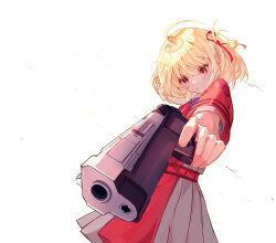 Rule 34 | 1girl, absurdres, ahoge, aiming, aiming at viewer, belt, blonde hair, blue ribbon, closed mouth, collared shirt, commentary, dress, finger on trigger, foreshortening, grey dress, gun, hair between eyes, hair ribbon, handgun, highres, looking at viewer, lycoris recoil, lycoris uniform, neck ribbon, nishikigi chisato, one side up, pleated dress, q pulan, red belt, red dress, red eyes, red ribbon, ribbon, shirt, short hair, short sleeves, smile, solo, two-tone dress, weapon, weapon request, white background, white shirt