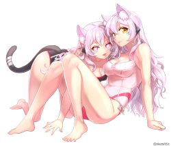 Rule 34 | 2girls, :d, aken, animal ears, ass, breasts, cat ears, cat tail, cleavage, covered navel, elsword, eve (elsword), feet, heart, heart-shaped pupils, long hair, looking at viewer, multiple girls, one-piece swimsuit, open mouth, pink hair, purple hair, simple background, sitting, smile, swimsuit, symbol-shaped pupils, tail, white background, yellow eyes