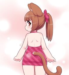 Rule 34 | 1girl, animal ears, arms at sides, bare back, blush, brown eyes, brown hair, closed mouth, clothing cutout, cowboy shot, dress, female focus, from behind, highres, kionant, looking at viewer, looking back, original, pink dress, ponytail, short dress, sideways glance, signature, solo, standing, tail, tail through clothes