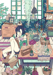 Rule 34 | bare legs, barefoot, black hair, blush, chair, drawer, drawing (object), flower, green shirt, highres, holding, holding pen, long hair, long sleeves, loungewear, nail polish, original, partially immersed, pen, picture frame, pink nails, plant, potted plant, purple flower, red flower, shirt, signature, strap slip, table, umishima senbon, vase, wide shot, window
