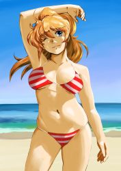 Rule 34 | 1girl, arm up, armpits, banpresto, bare shoulders, beach, bikini, blonde hair, blue eyes, breasts, brown hair, day, excellen browning, female focus, large breasts, long hair, looking at viewer, navel, ocean, one eye closed, outdoors, ponytail, shu-z, sky, smile, solo, standing, striped bikini, striped clothes, super robot wars, swimsuit, water, wink