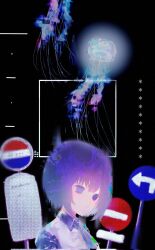 Rule 34 | 1girl, bioluminescence, black background, closed mouth, collared shirt, commentary request, distortion, empty eyes, expressionless, glitch, glowing, heterochromia, highres, illl264, jellyfish, koronba, looking at viewer, necktie, no entry sign, no pupils, patterned hair, purple eyes, purple hair, purple necktie, purple sleeves, road sign, shirt, sign, solo, square, upper body, utane uta, utau, vest, white vest