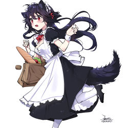 Rule 34 | 1girl, animal ears, apron, bag, baguette, black hair, blush, bread, breasts, commentary request, dress, ejami, ekko (ejami), food, fox ears, fox girl, fox tail, frilled sleeves, frills, groceries, grocery bag, long hair, maid, maid headdress, medium breasts, open mouth, original, red eyes, running, shopping bag, short sleeves, solo, tail