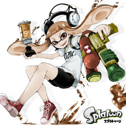 Rule 34 | 1girl, afterimage, bike shorts, black shorts, brown eyes, brown hair, copyright name, fangs, full body, headphones, highres, holding, holding weapon, ink tank (splatoon), inkling, inkling girl, inkling player character, long hair, looking at viewer, matching hair/eyes, nintendo, paint splatter, parted lips, pointy ears, print shirt, running, shirt, shoes, shorts, smile, sneakers, solo, splatoon (series), splatoon 1, splattershot (splatoon), suction bomb (splatoon), t-shirt, tentacle hair, weapon, white shirt, yunekoko