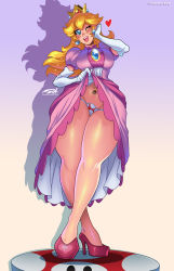 Rule 34 | 1girl, absurdres, blonde hair, blue eyes, blush, breasts, clothes lift, crown, darkereve, dress, dress lift, earrings, gloves, heart, highres, jewelry, large breasts, legs, lipstick, long hair, makeup, mario (series), navel, navel piercing, nintendo, one eye closed, open mouth, panties, piercing, pink dress, princess peach, smile, solo, standing, super mario bros. 1, super mushroom, thick thighs, thighs, underwear, wink