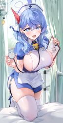 Rule 34 | 1girl, absurdres, ako (blue archive), bell, blue archive, blue eyes, blue hair, blush, breasts, clipboard, commentary request, cowbell, curtains, day, doodle sensei (blue archive), halo, hat, highres, holding, holding stethoscope, indoors, infirmary, iv stand, knee up, large breasts, looking at viewer, medium hair, murabana44, neck bell, nurse, nurse cap, open mouth, sensei (blue archive), skindentation, solo, stethoscope, thighhighs, thighs, v-shaped eyebrows, white thighhighs, window