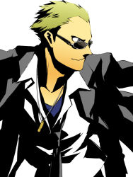 Rule 34 | 1boy, atlus, bad id, bad pixiv id, blonde hair, blouse, blue eyes, collared shirt, formal, fujino miyabi, glasses, high contrast, jewelry, male focus, necklace, necktie, persona, persona 4, shirt, short hair, simple background, solo, suit, sunglasses, tatsumi kanji, upper body, white background, white shirt